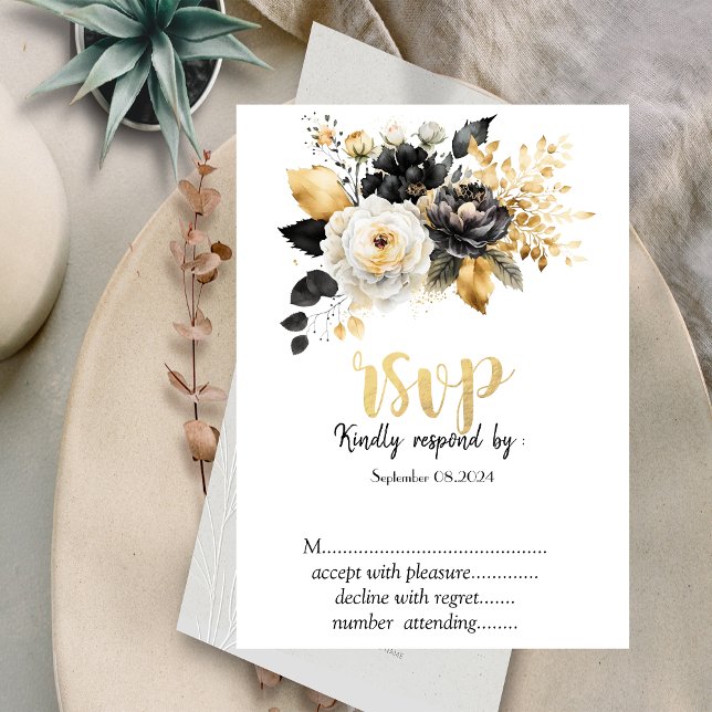 Invitation Or Noir Blanc Fleurs RSVP (Créateur téléchargé)