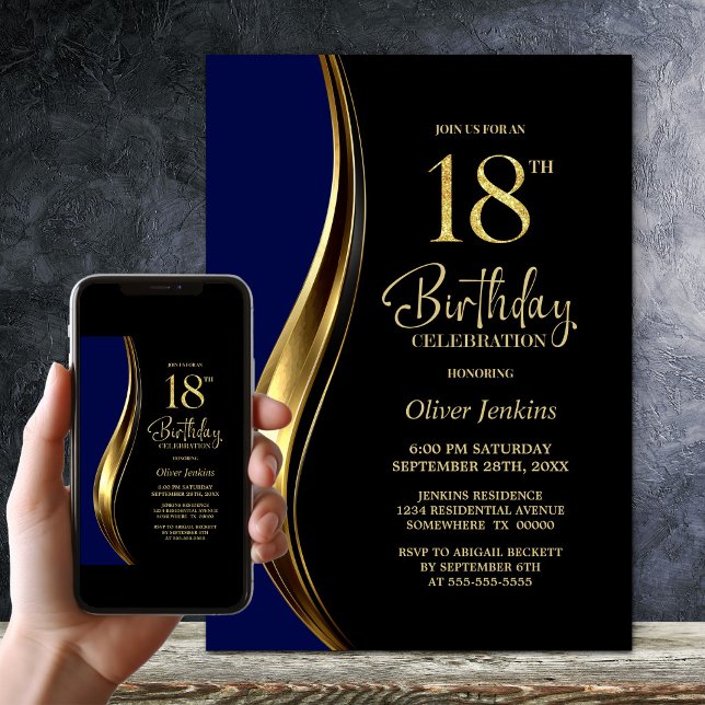 Invitation Or Noir Bleu Soirée des 18 ans (Créateur téléchargé)