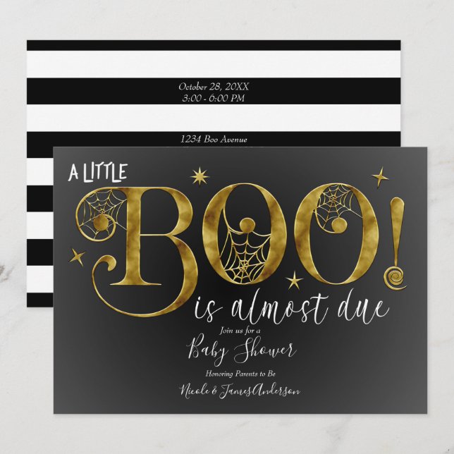 Invitation Or Noir, Boo Blanc Élégant Baby Shower (Devant / Derrière)