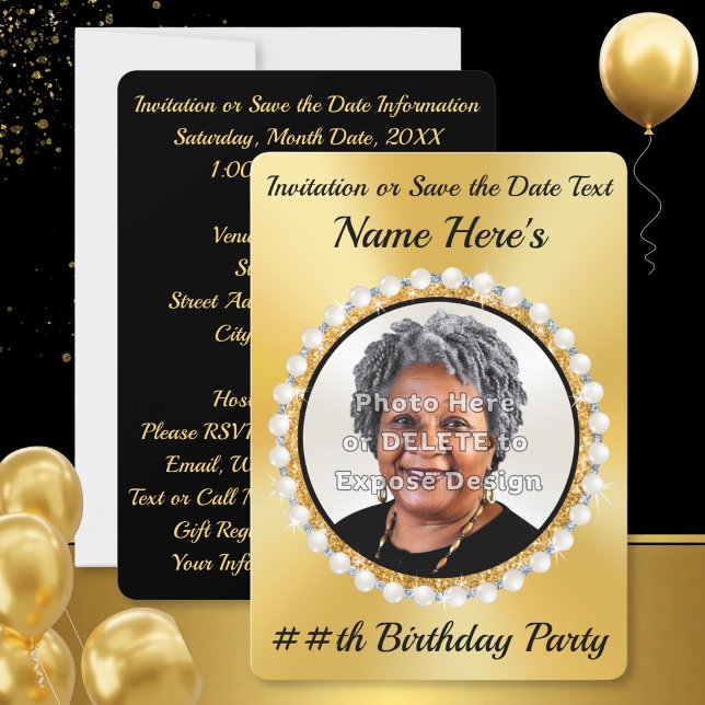 Invitation Or noir, Cartons d'invitation d'anniversaire avec  (Black and gold, elegant save the dates. Gold and black birthday invitations. Photo birthday invites.)