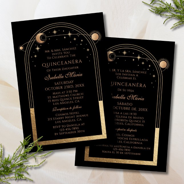 Invitation Or noir Céleste Quinceañera bilingue (Créateur téléchargé)