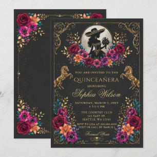 Invitation Or noir cheval occidental floral Charra Quinceañer