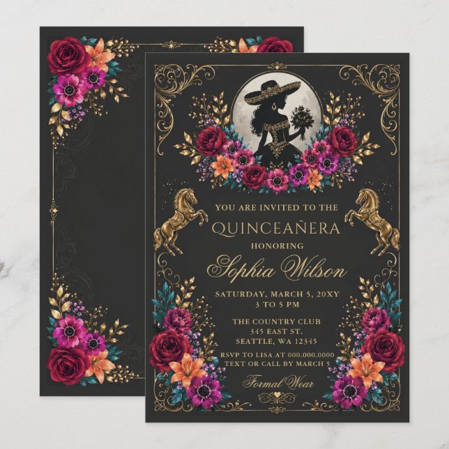 Invitation Or noir cheval occidental floral Charra Quinceañer (Devant / Derrière)