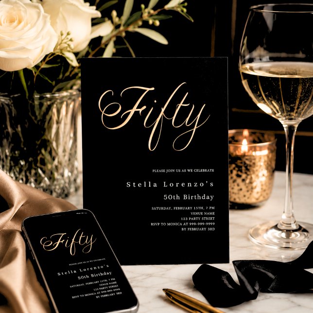 Invitation Or noir écriture élégante 50e anniversaire luxe (Créateur téléchargé)