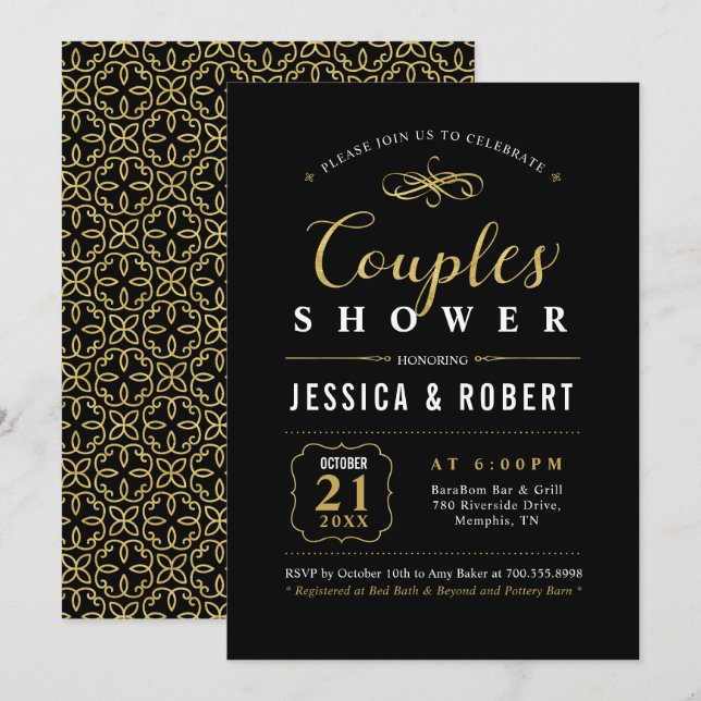 Invitation Or & Noir | Élégant Mariage Couple Shower (Devant / Derrière)