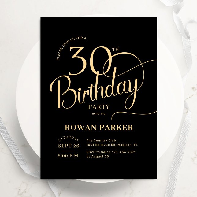 Invitation Or noir Élégant Script pour 30e anniversaire (Créateur téléchargé)