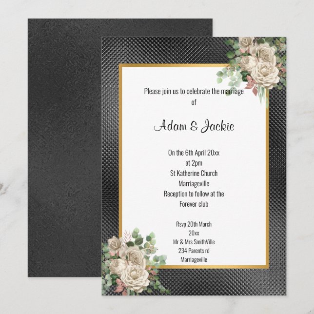 INVITATION OR NOIR EMBOSSÉ ROSE EUCALYPTUS MARIAGE 2 (Devant / Derrière)