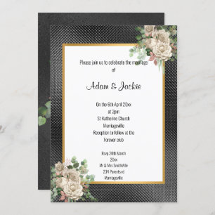 INVITATION OR NOIR EMBOSSÉ ROSE EUCALYPTUS MARIAGE BLANC