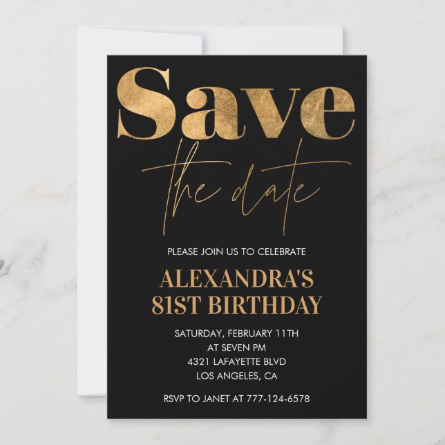 Invitation Or noir Enregistrer la date 81e anniversaire (Devant)