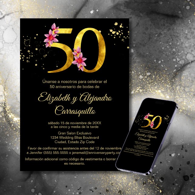 Invitation Or Noir Espagnol Fleurs Roses 50e Anniversaire (Créateur téléchargé)