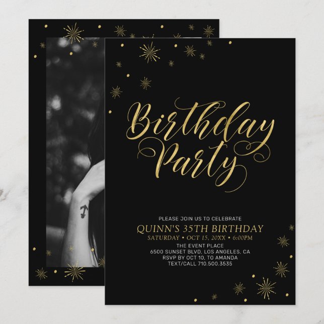 Invitation Or & Noir | Fête d'anniversaire chic moderne pour  (Devant / Derrière)
