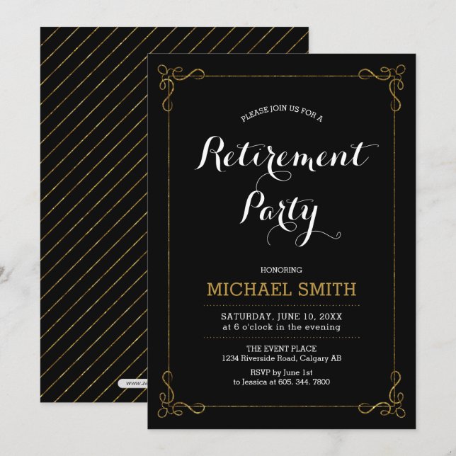 Invitation Or & Noir | Fête de retraite élégante et chic (Devant / Derrière)