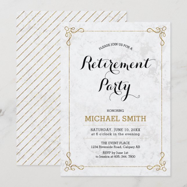 Invitation Or & Noir | Fête de retraite en marbre classique (Devant / Derrière)
