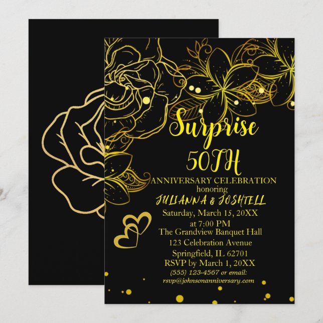 Invitation Or Noir Floral Surprise 50e Anniversaire Doré (Devant / Derrière)