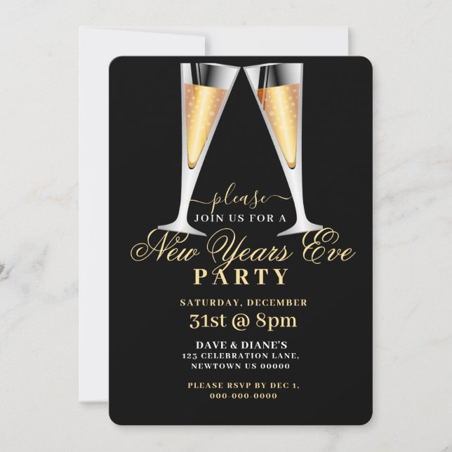 INVITATION OR & NOIR, FLUTS DE CHAMPAGNE, FÊTE DE NOUVELLES A (Devant)