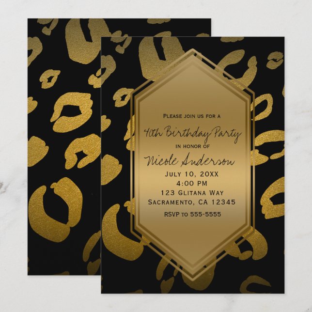 Invitation Or Noir Imprimé Léopard Fête d'Anniversaire Tout É (Devant / Derrière)