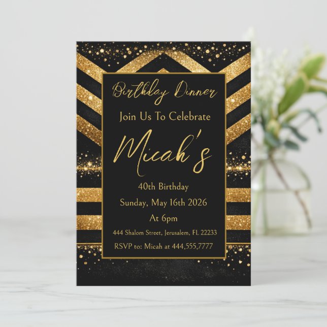 Invitation Or Noir Lignes Points Luxe Moderne Glamour Premium (Debout devant)