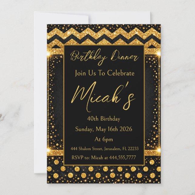 Invitation Or Noir Lignes Zig zag Confettis Points Luxe Chic (Devant)