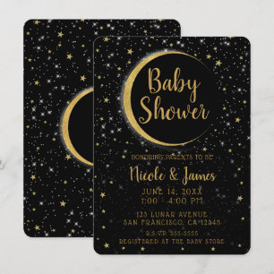 Invitation Or Noir Lune Céleste Magie Étoiles Baby Shower