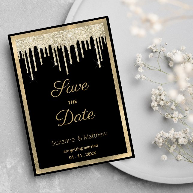 Invitation Or noir luxe paillettes gouttes Save the Date (Black gold luxury glitter drips Save the Date )