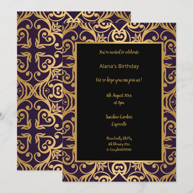 INVITATION OR NOIR LUXUEUX ANNIVERSAIRE ABSTRAIT (Devant / Derrière)