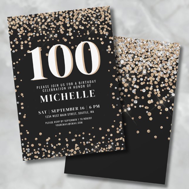 Invitation Or Noir Moderne 100e Anniversaire (Black Gold 100th Birthday Invitation)