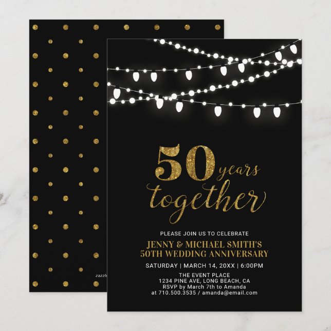 Invitation Or & Noir | Moderne 50e anniversaire de mariage (Devant / Derrière)