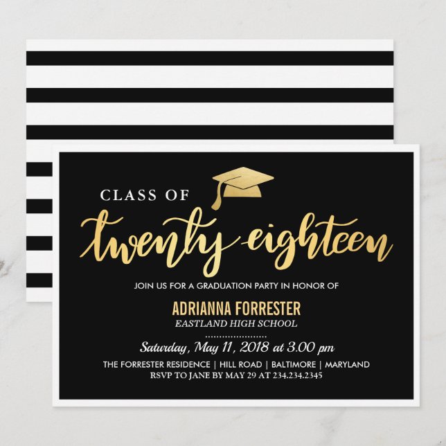 Invitation Or noir moderne| Classe Diplômée De 2018 Script (Devant / Derrière)
