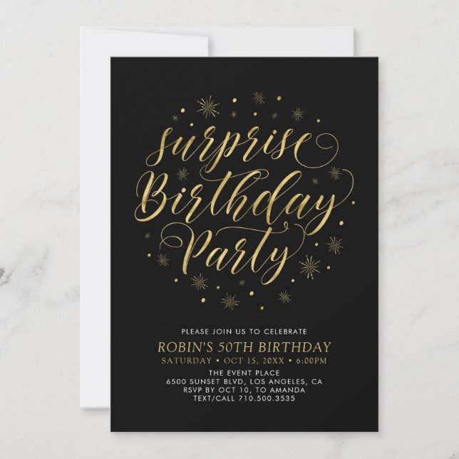 Invitation Or & Noir | Moderne et Chic Surprise Fête d'Annive (Devant)