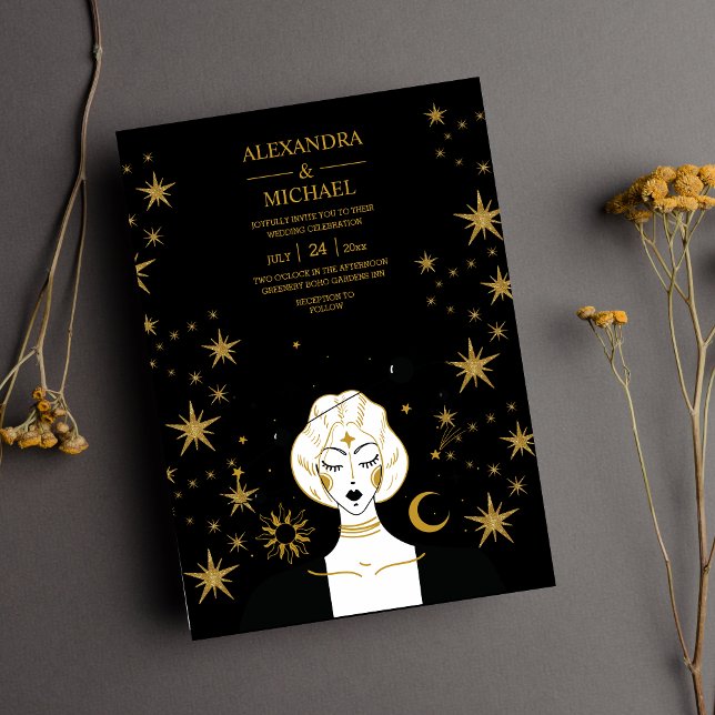 Invitation Or noir mystique Lune céleste de mariage  (Créateur téléchargé)