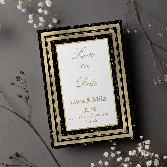 Invitation Or noir paillettes de confettis Save the Date (Black gold sparkly glitter confetti Save the Date)