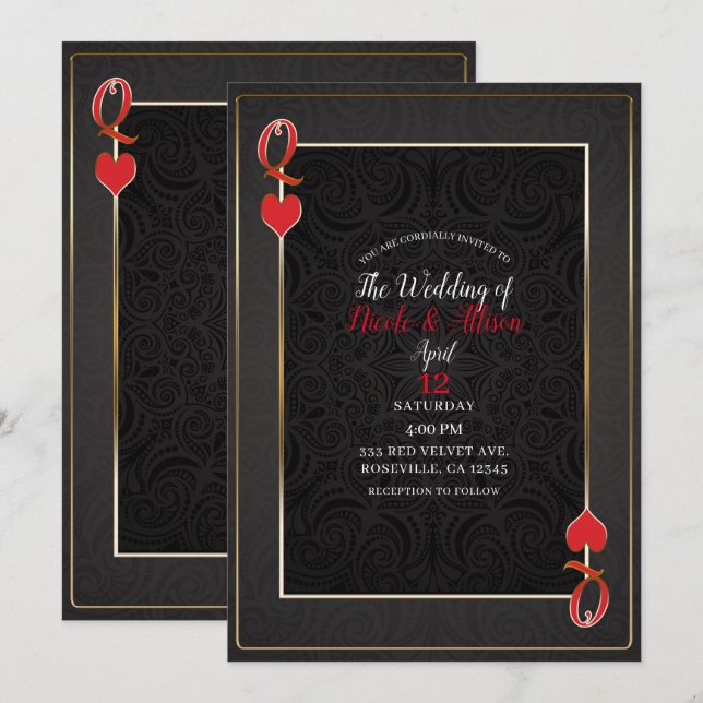 Invitation Or Noir & Reine de Coeur Rouge Mariage Élégant (Devant / Derrière)