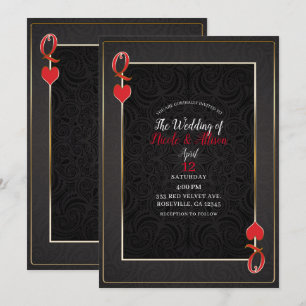 Invitation Or Noir & Reine de Coeur Rouge Mariage Élégant