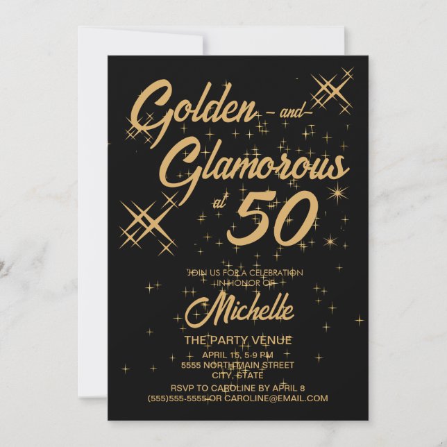 Invitation Or Noir Rétro Doré Glamour 50e Anniversaire (Devant)