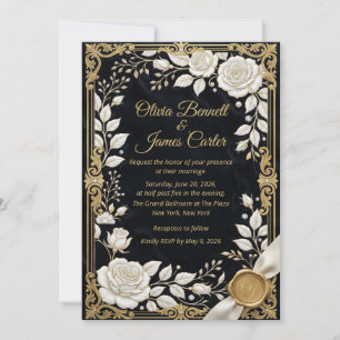 Invitation Or Noir Rose Blanche Luxe Élégant Formel