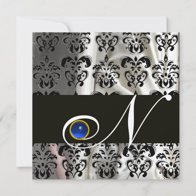 INVITATION OR NOIR SOIE DAMASSE MONOGRAMME SAPPHIR BLEU (Devant)