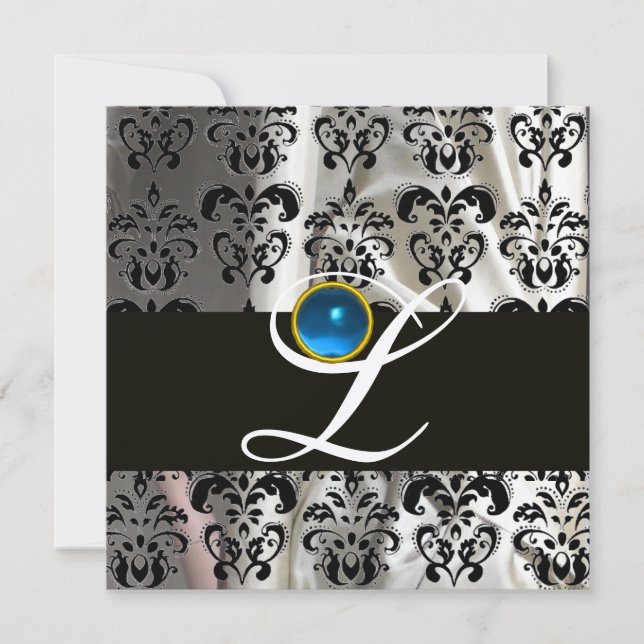 INVITATION OR NOIR SOIE DAMASSÉ MONOGRAMME SAPPHIR BLEU (Devant)