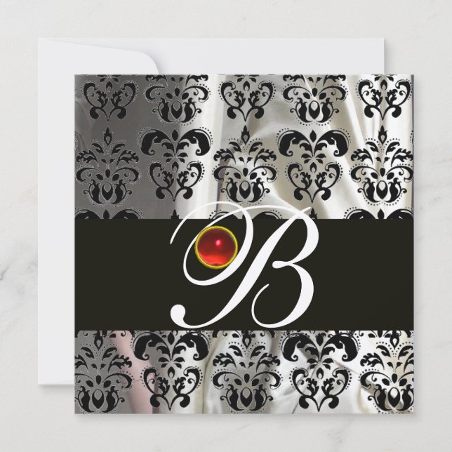 INVITATION OR NOIR SOIE DAMASSÉE MONOGRAMME  ROUGE RUBIS (Devant)