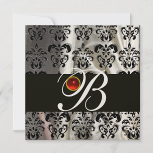 INVITATION OR NOIR SOIE DAMASSÉE MONOGRAMME  ROUGE RUBIS