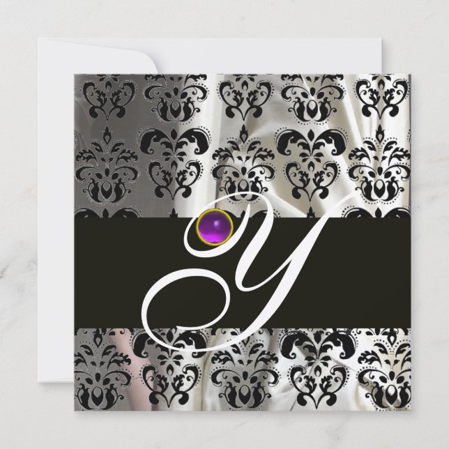 INVITATION OR NOIR SOIE DAMASSÉE MONOGRAMME VIOLET AMÉTHYSTE (Devant)