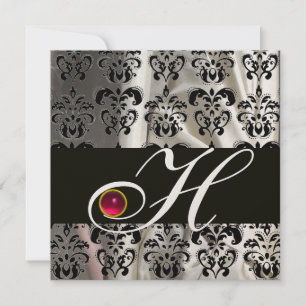 INVITATION OR NOIR SOIE TISSU DAMASSÉ MONOGRAMME ROSE RUBIS