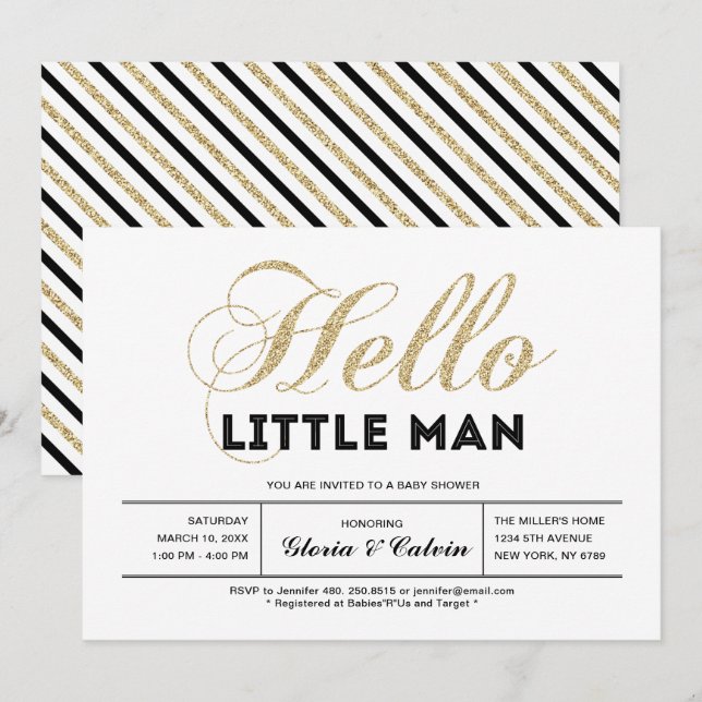 Invitation Or, Noir | Typographie Moderne Garçon Baby Shower (Devant / Derrière)