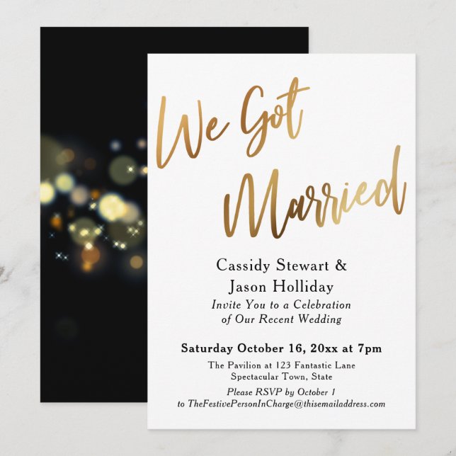 Invitation Or Nous sommes mariés Bokeh Fond Noir Réception (Devant / Derrière)
