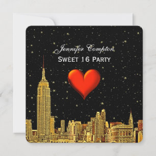 Invitation Or NYC Skyline 01 Cœur Gravé Étoiles SQ Sweet 16