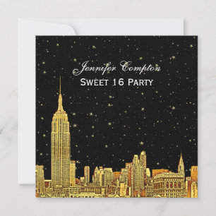 Invitation Or NYC Skyline Gravé Fond Étoilé Couleur Carré Swe