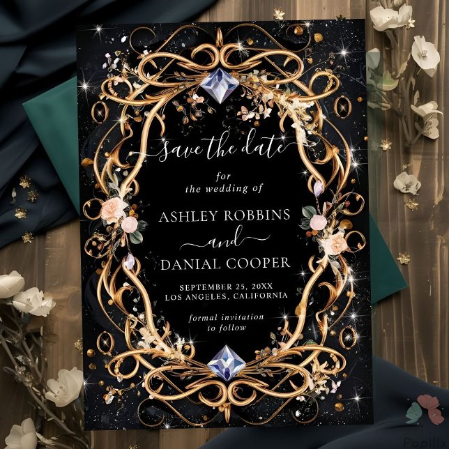 Invitation Or Ornate et Diamants Noir Enregistrer la date (Créateur téléchargé)