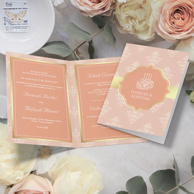 Invitation Or Pastel Péché Damassé Mariage Musulman (Créateur téléchargé)