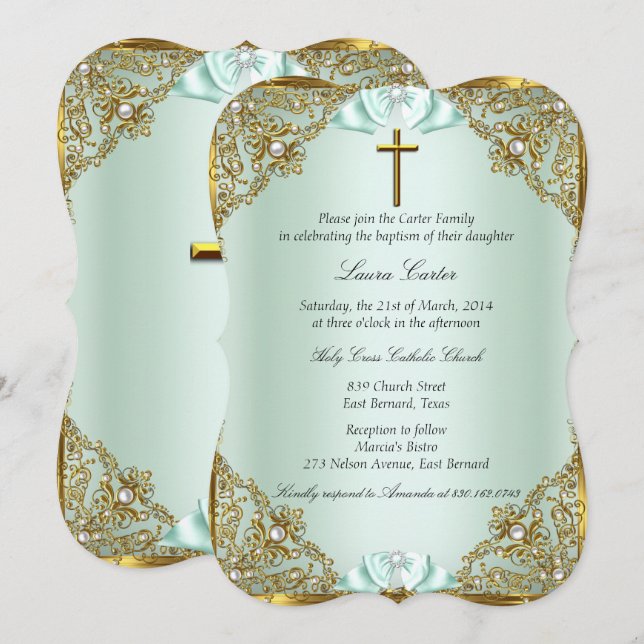 Invitation Or Perle de Menthe Damassé Croix Baptême (Devant / Derrière)