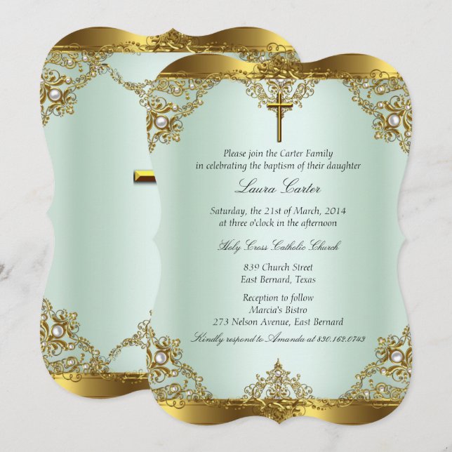 Invitation Or Perle de Menthe Damassé Croix Baptême Christeni (Devant / Derrière)