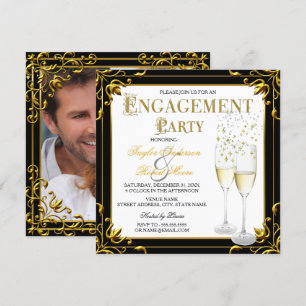 Invitation Or Photo de Fiançailles Champagne Or Noir Blanc